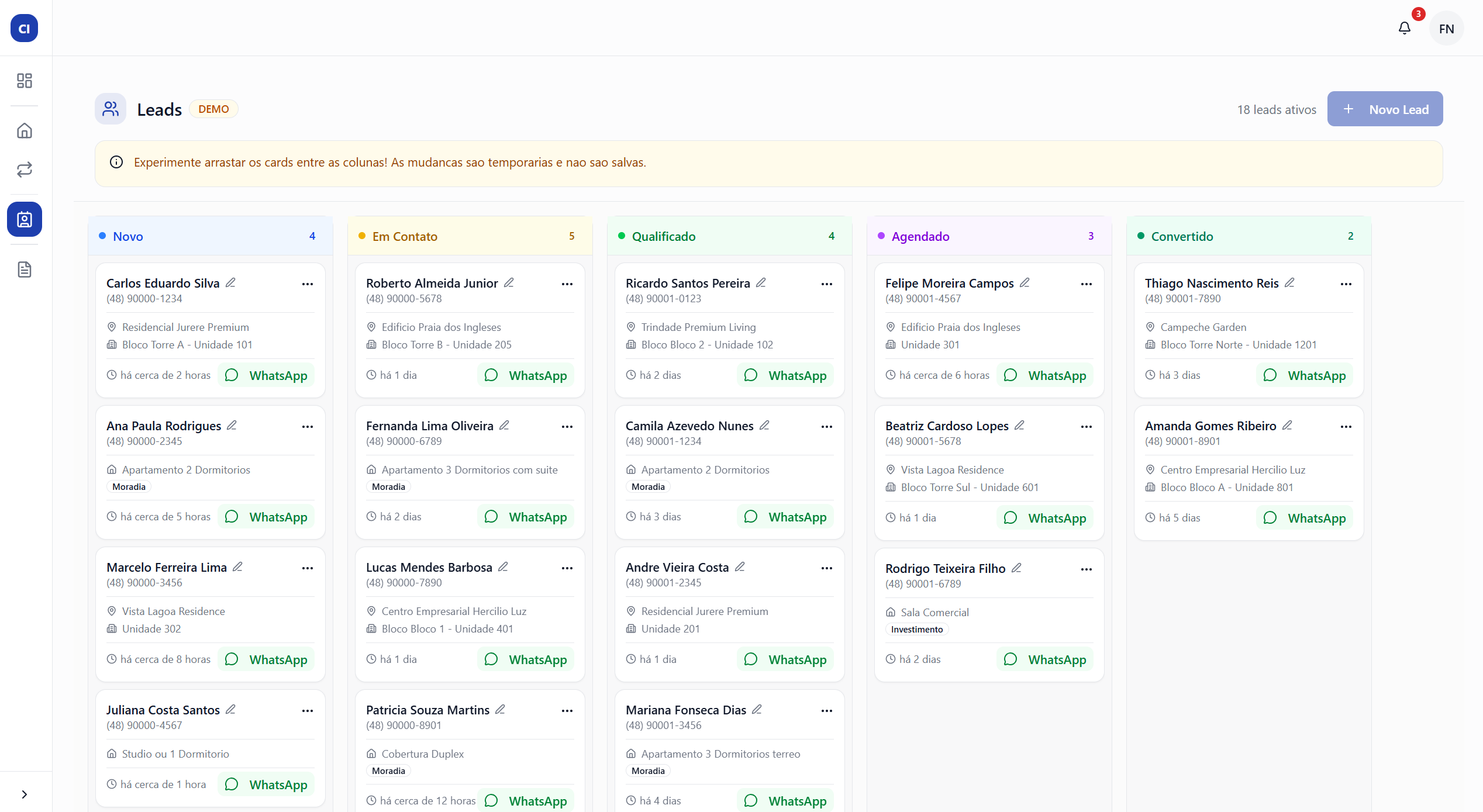 Kanban de leads com pipeline visual